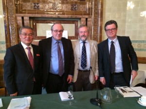 From l to r: HE Mr Hak Bong Hyon, Lord Lothian, Aidan Foster-Carter and Charles Scanlon